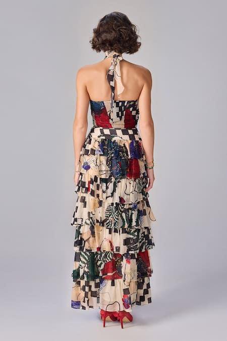 Shop Saaksha & Kinni Multi Color Chiffon Halter Neck Floral Checkered Maxi Dress at Aza Fashions Shop_Saaksha & Kinni_Multi Color Chiffon Halter Neck Floral Checkered Maxi Dress _at_Aza_Fashions