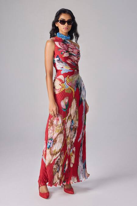 Saaksha & Kinni Red Polyester One Shoulder Abstract Floral Pleated Maxi Dress Online at Aza Fashions Saaksha & Kinni_Red Polyester One Shoulder Abstract Floral Pleated Maxi Dress _Online_at_Aza_Fashions