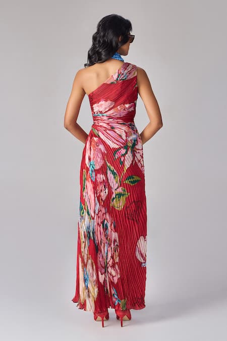 Shop Saaksha & Kinni Red Polyester One Shoulder Abstract Floral Pleated Maxi Dress at Aza Fashions Shop_Saaksha & Kinni_Red Polyester One Shoulder Abstract Floral Pleated Maxi Dress _at_Aza_Fashions