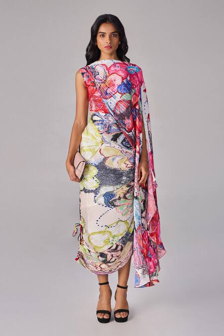 Buy_Saaksha & Kinni_Multi Color Polyester Off-shoulder Abstract Floral Print Kaftan Dress _Online_at_Aza_Fashions