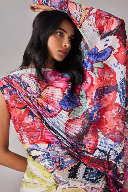 Shop_Saaksha & Kinni_Multi Color Polyester Off-shoulder Abstract Floral Print Kaftan Dress _Online_at_Aza_Fashions