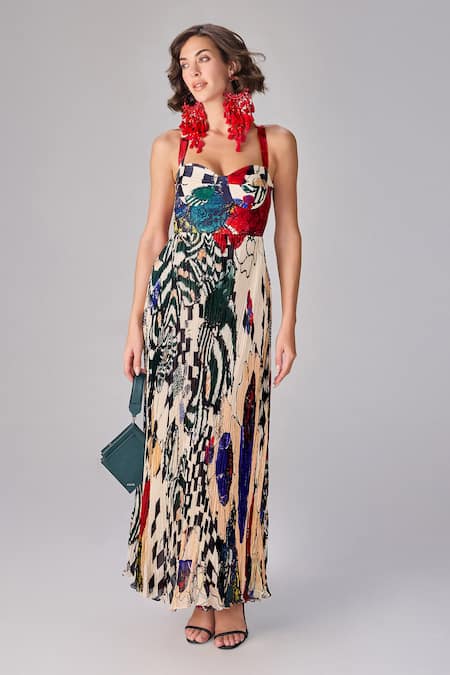 Saaksha & Kinni Multi Color Chiffon, Crepe Sweetheart Neck Floral Abstract Print Maxi Dress Online at Aza Fashions Saaksha & Kinni_Multi Color Chiffon, Crepe Sweetheart Neck Floral Abstract Print Maxi Dress _Online_at_Aza_Fashions