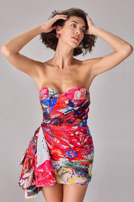 Buy Saaksha & Kinni Multi Color Silk Sweetheart Neck Abstract Floral Mini Dress Online at Aza Fashions Buy_Saaksha & Kinni_Multi Color Silk Sweetheart Neck Abstract Floral Mini Dress _Online_at_Aza_Fashions