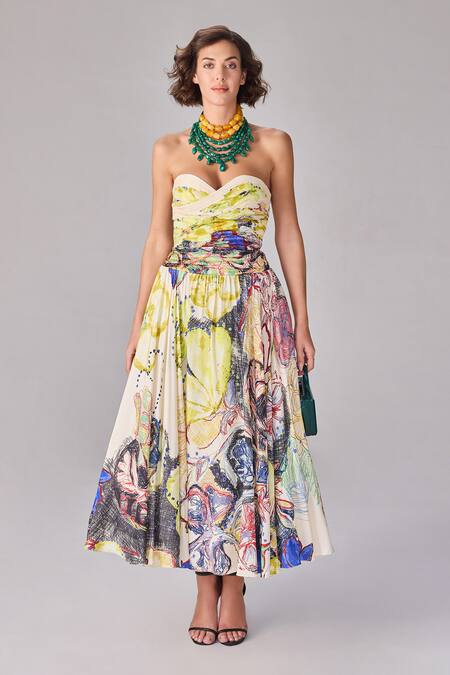 Saaksha & Kinni Multi Color Chiffon Sweetheart Neck Abstract Floral Print Midi Dress Online at Aza Fashions Saaksha & Kinni_Multi Color Chiffon Sweetheart Neck Abstract Floral Print Midi Dress _Online_at_Aza_Fashions