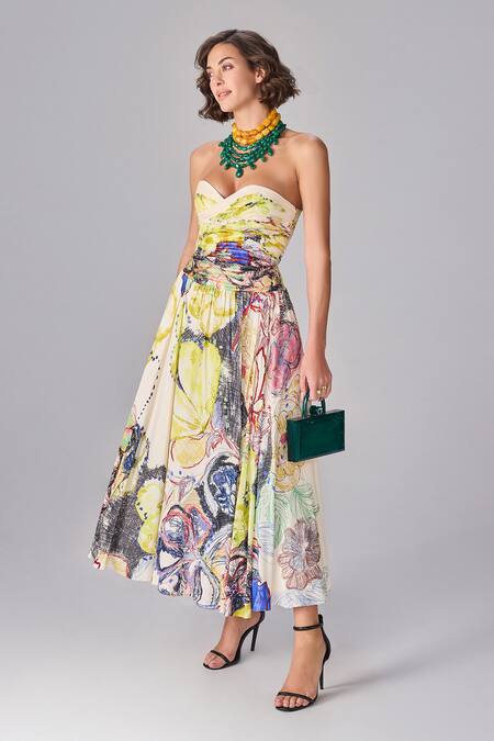 Shop Saaksha & Kinni Multi Color Chiffon Sweetheart Neck Abstract Floral Print Midi Dress Online at Aza Fashions Shop_Saaksha & Kinni_Multi Color Chiffon Sweetheart Neck Abstract Floral Print Midi Dress _Online_at_Aza_Fashions