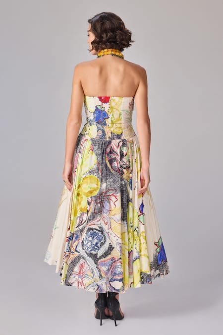 Shop Saaksha & Kinni Multi Color Chiffon Sweetheart Neck Abstract Floral Print Midi Dress at Aza Fashions Shop_Saaksha & Kinni_Multi Color Chiffon Sweetheart Neck Abstract Floral Print Midi Dress _at_Aza_Fashions