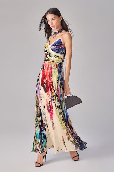 Saaksha & Kinni_Multi Color Chiffon Open Neck Floral Abstract Print Hand Pleat Maxi Dress _Online_at_Aza_Fashions