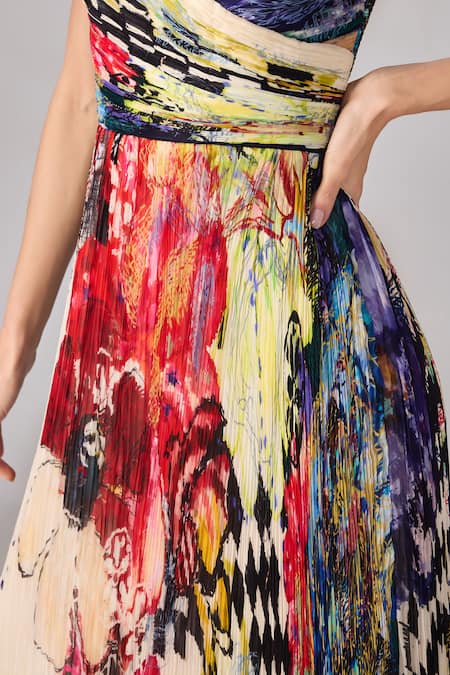 Buy_Saaksha & Kinni_Multi Color Chiffon Open Neck Floral Abstract Print Hand Pleat Maxi Dress _Online_at_Aza_Fashions