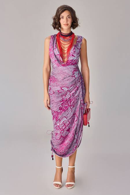 Saaksha & Kinni Purple Chiffon, Cotton Mirrors, Tassels Cowl Neck Bandhani Midi Dress Online at Aza Fashions Saaksha & Kinni_Purple Chiffon, Cotton Mirrors, Tassels Cowl Neck Bandhani Midi Dress _Online_at_Aza_Fashions