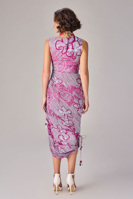 Shop Saaksha & Kinni Purple Chiffon, Cotton Mirrors, Tassels Cowl Neck Bandhani Midi Dress at Aza Fashions Shop_Saaksha & Kinni_Purple Chiffon, Cotton Mirrors, Tassels Cowl Neck Bandhani Midi Dress _at_Aza_Fashions