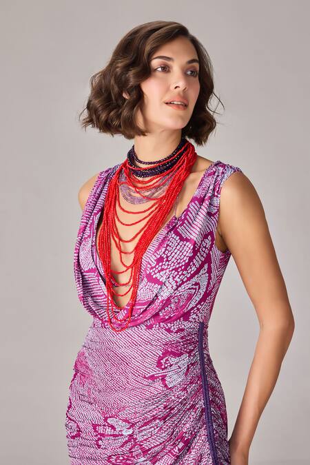 Buy Saaksha & Kinni Purple Chiffon, Cotton Mirrors, Tassels Cowl Neck Bandhani Midi Dress Online at Aza Fashions Buy_Saaksha & Kinni_Purple Chiffon, Cotton Mirrors, Tassels Cowl Neck Bandhani Midi Dress _Online_at_Aza_Fashions