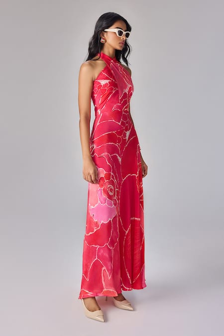 Saaksha & Kinni Pink Crepe Halter Neck Abstract Floral Maxi Dress Online at Aza Fashions Saaksha & Kinni_Pink Crepe Halter Neck Abstract Floral Maxi Dress _Online_at_Aza_Fashions