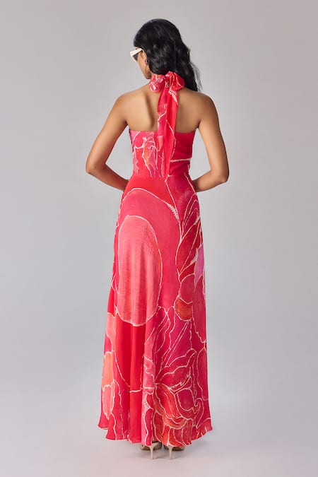 Shop Saaksha & Kinni Pink Crepe Halter Neck Abstract Floral Maxi Dress at Aza Fashions Shop_Saaksha & Kinni_Pink Crepe Halter Neck Abstract Floral Maxi Dress _at_Aza_Fashions