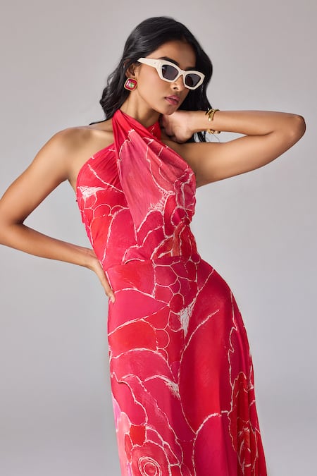 Buy Saaksha & Kinni Pink Crepe Halter Neck Abstract Floral Maxi Dress Online at Aza Fashions Buy_Saaksha & Kinni_Pink Crepe Halter Neck Abstract Floral Maxi Dress _Online_at_Aza_Fashions