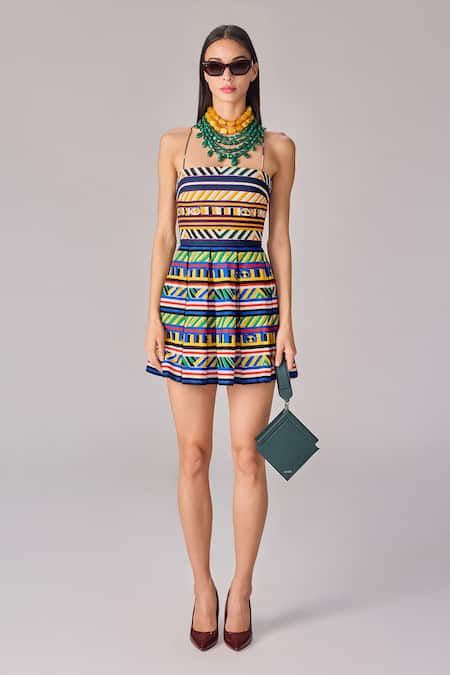 Shop Saaksha & Kinni Multi Color Cotton Open Neck Abstract Stripe Print Mini Dress at Aza Fashions Shop_Saaksha & Kinni_Multi Color Cotton Open Neck Abstract Stripe Print Mini Dress _at_Aza_Fashions