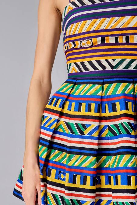 Saaksha & Kinni Multi Color Cotton Open Neck Abstract Stripe Print Mini Dress Online at Aza Fashions Saaksha & Kinni_Multi Color Cotton Open Neck Abstract Stripe Print Mini Dress _Online_at_Aza_Fashions