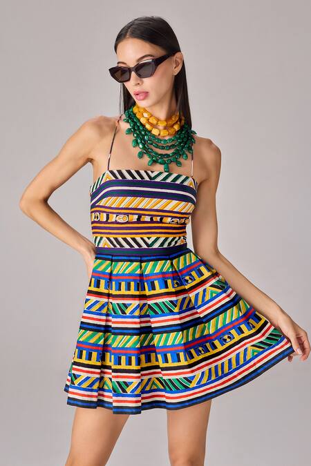 Buy Saaksha & Kinni Multi Color Cotton Open Neck Abstract Stripe Print Mini Dress Online at Aza Fashions Buy_Saaksha & Kinni_Multi Color Cotton Open Neck Abstract Stripe Print Mini Dress _Online_at_Aza_Fashions