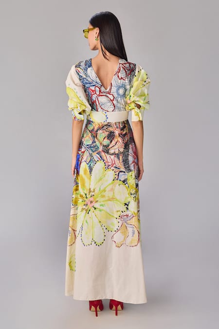 Shop Saaksha & Kinni Multi Color Cotton Keyhole Neck Abstract Floral Print A Line Maxi Dress at Aza Fashions Shop_Saaksha & Kinni_Multi Color Cotton Keyhole Neck Abstract Floral Print A Line Maxi Dress _at_Aza_Fashions