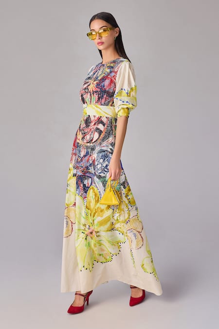 Saaksha & Kinni Multi Color Cotton Keyhole Neck Abstract Floral Print A Line Maxi Dress Online at Aza Fashions Saaksha & Kinni_Multi Color Cotton Keyhole Neck Abstract Floral Print A Line Maxi Dress _Online_at_Aza_Fashions