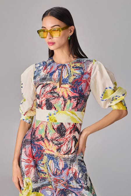 Buy Saaksha & Kinni Multi Color Cotton Keyhole Neck Abstract Floral Print A Line Maxi Dress Online at Aza Fashions Buy_Saaksha & Kinni_Multi Color Cotton Keyhole Neck Abstract Floral Print A Line Maxi Dress _Online_at_Aza_Fashions