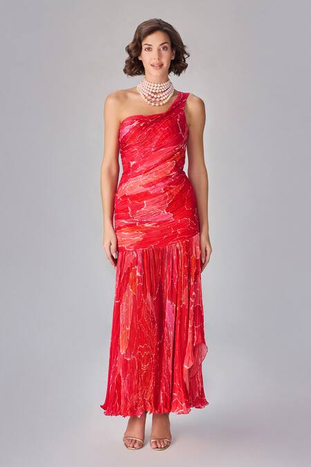 Buy Saaksha & Kinni Pink Chiffon One Shoulder Abstract Floral Maxi Dress Online at Aza Fashions Buy_Saaksha & Kinni_Pink Chiffon One Shoulder Abstract Floral Maxi Dress _Online_at_Aza_Fashions