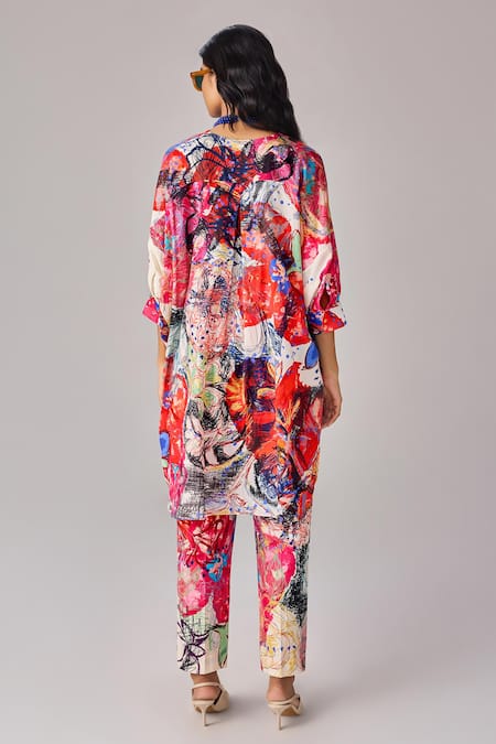 Shop Saaksha & Kinni Multi Color Cotton Asymmetric Abstract Floral Collared Tunic at Aza Fashions Shop_Saaksha & Kinni_Multi Color Cotton Asymmetric Abstract Floral Collared Tunic _at_Aza_Fashions