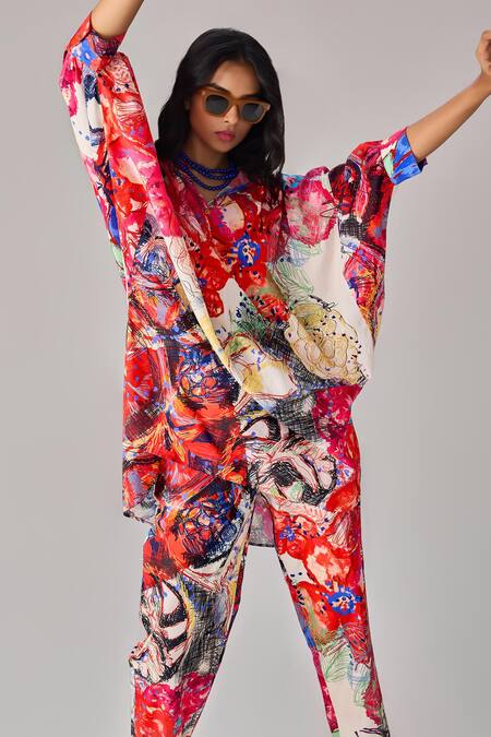 Shop Saaksha & Kinni Multi Color Cotton Asymmetric Abstract Floral Collared Tunic Online at Aza Fashions Shop_Saaksha & Kinni_Multi Color Cotton Asymmetric Abstract Floral Collared Tunic _Online_at_Aza_Fashions