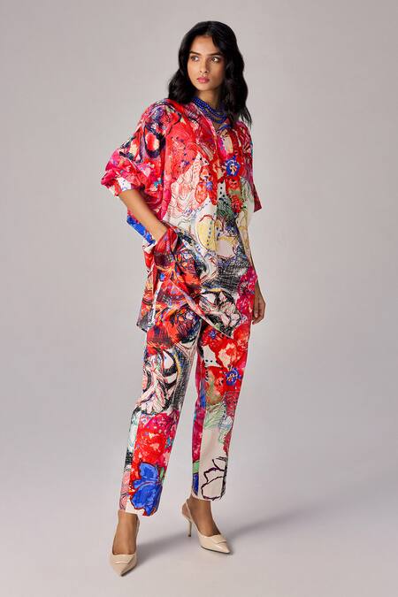 Saaksha & Kinni Multi Color Cotton Abstract Floral Print High Waist Trousers Online at Aza Fashions Saaksha & Kinni_Multi Color Cotton Abstract Floral Print High Waist Trousers _Online_at_Aza_Fashions