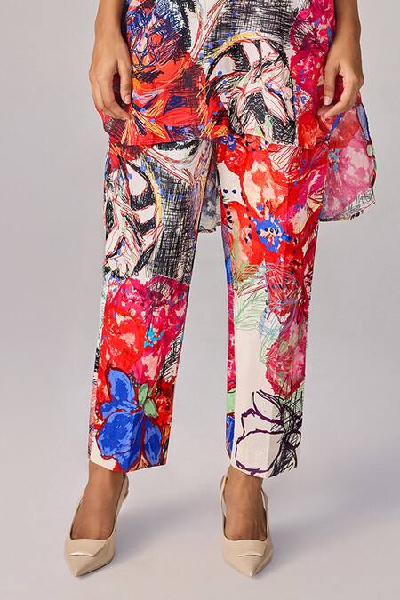 Buy Saaksha & Kinni Multi Color Cotton Abstract Floral Print High Waist Trousers Online at Aza Fashions Buy_Saaksha & Kinni_Multi Color Cotton Abstract Floral Print High Waist Trousers _Online_at_Aza_Fashions