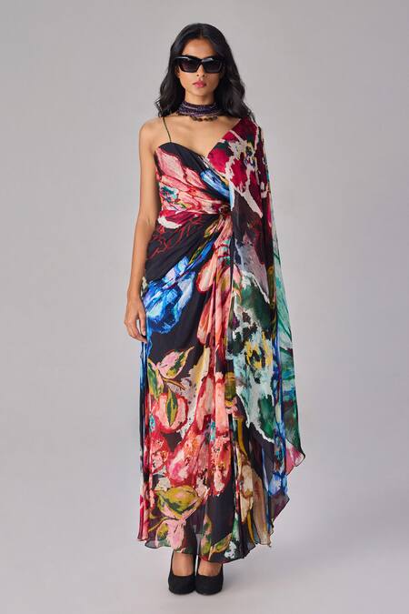 Saaksha & Kinni Multi Color Chiffon Sweetheart Neck Floral Print Asymmetric Maxi Dress Online at Aza Fashions Saaksha & Kinni_Multi Color Chiffon Sweetheart Neck Floral Print Asymmetric Maxi Dress _Online_at_Aza_Fashions