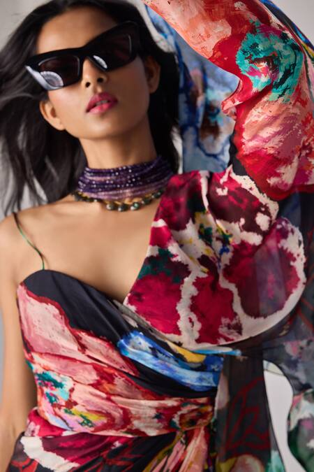 Buy Saaksha & Kinni Multi Color Chiffon Sweetheart Neck Floral Print Asymmetric Maxi Dress Online at Aza Fashions Buy_Saaksha & Kinni_Multi Color Chiffon Sweetheart Neck Floral Print Asymmetric Maxi Dress _Online_at_Aza_Fashions