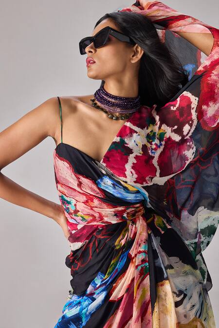 Shop Saaksha & Kinni Multi Color Chiffon Sweetheart Neck Floral Print Asymmetric Maxi Dress Online at Aza Fashions Shop_Saaksha & Kinni_Multi Color Chiffon Sweetheart Neck Floral Print Asymmetric Maxi Dress _Online_at_Aza_Fashions