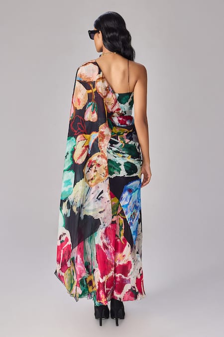 Shop Saaksha & Kinni Multi Color Chiffon Sweetheart Neck Floral Print Asymmetric Maxi Dress at Aza Fashions Shop_Saaksha & Kinni_Multi Color Chiffon Sweetheart Neck Floral Print Asymmetric Maxi Dress _at_Aza_Fashions