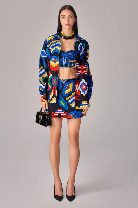 Shop_Saaksha & Kinni_Blue Chiffon, Cotton Open Neck Aztec Print Hand Pleated Bustier _at_Aza_Fashions