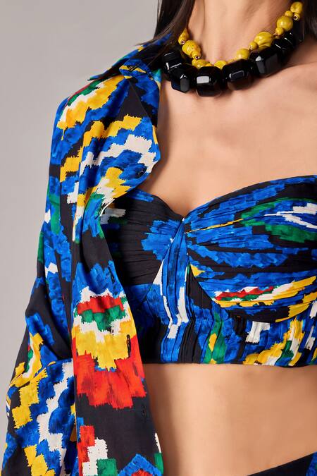 Buy_Saaksha & Kinni_Blue Chiffon, Cotton Open Neck Aztec Print Hand Pleated Bustier _Online_at_Aza_Fashions