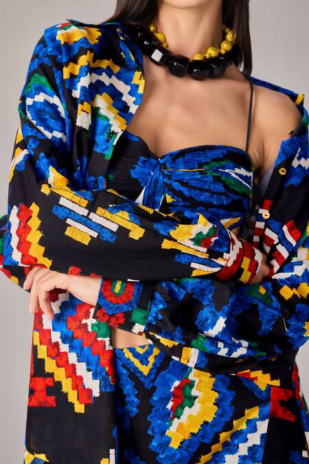 Shop_Saaksha & Kinni_Blue Chiffon, Cotton Open Neck Aztec Print Hand Pleated Bustier _Online_at_Aza_Fashions
