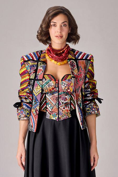 Saaksha & Kinni_Multi Color Satin Embroidery Sweetheart Neck Hand Corset_Online_at_Aza_Fashions