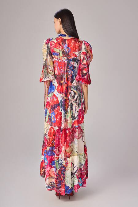 Shop Saaksha & Kinni Multi Color Chiffon High Neck Abstract Floral Print Tiered Maxi Dress at Aza Fashions Shop_Saaksha & Kinni_Multi Color Chiffon High Neck Abstract Floral Print Tiered Maxi Dress _at_Aza_Fashions