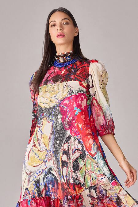 Saaksha & Kinni Multi Color Chiffon High Neck Abstract Floral Print Tiered Maxi Dress Online at Aza Fashions Saaksha & Kinni_Multi Color Chiffon High Neck Abstract Floral Print Tiered Maxi Dress _Online_at_Aza_Fashions