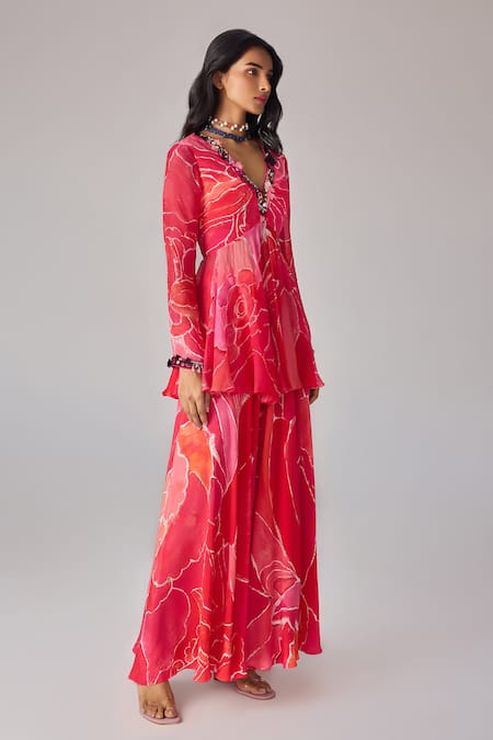 Saaksha & Kinni_Red Crepe Abstract Floral Print Noor Palazzo _Online_at_Aza_Fashions