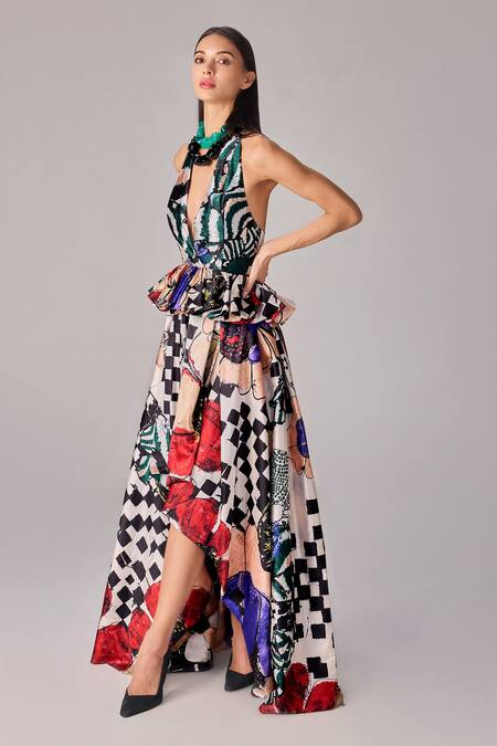 Saaksha & Kinni_Multi Color Taffeta Halter Neck Multicolor Abstract Print Blouse _Online_at_Aza_Fashions