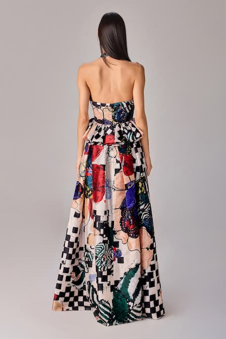 Shop Saaksha & Kinni Multi Color Taffeta Floral Checkered Asymmetric High Waist Skirt at Aza Fashions Shop_Saaksha & Kinni_Multi Color Taffeta Floral Checkered Asymmetric High Waist Skirt _at_Aza_Fashions