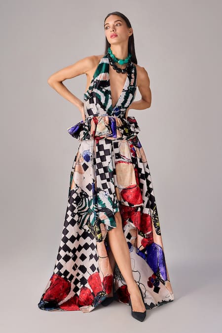 Saaksha & Kinni Multi Color Floral Checkered Asymmetric High Waist Skirt 