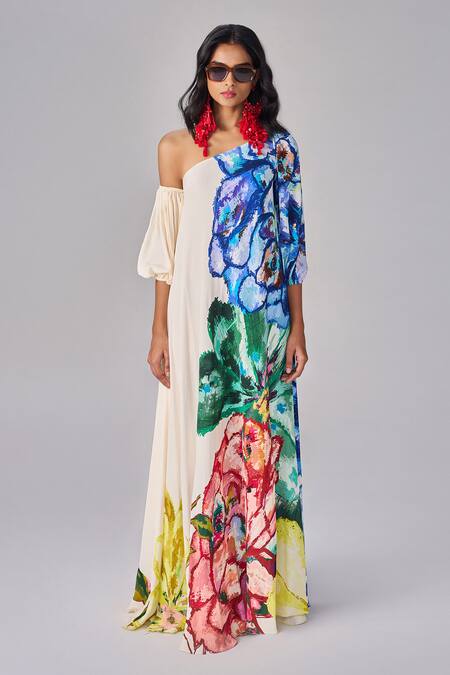 Saaksha & Kinni_Ivory Crepe One Shoulder Floral Flared Maxi Dress _Online_at_Aza_Fashions