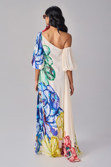 Shop_Saaksha & Kinni_Ivory Crepe One Shoulder Floral Flared Maxi Dress _at_Aza_Fashions