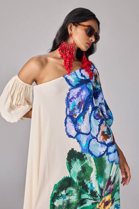 Buy_Saaksha & Kinni_Ivory Crepe One Shoulder Floral Flared Maxi Dress _Online_at_Aza_Fashions