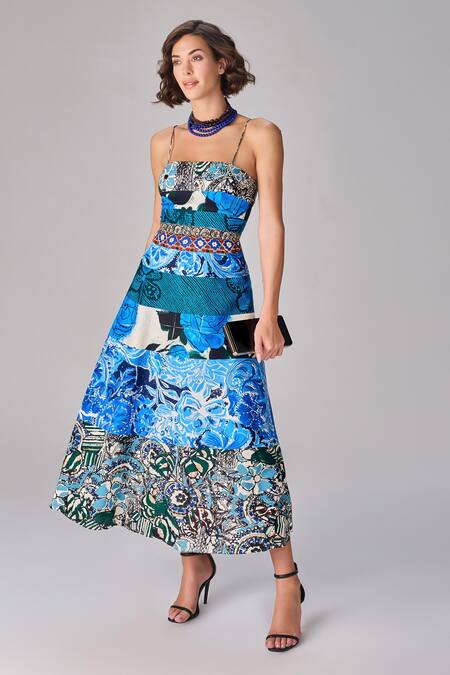 Saaksha & Kinni Blue Cotton Square Neck Block Print Flared Midi Dress Online at Aza Fashions Saaksha & Kinni_Blue Cotton Square Neck Block Print Flared Midi Dress _Online_at_Aza_Fashions