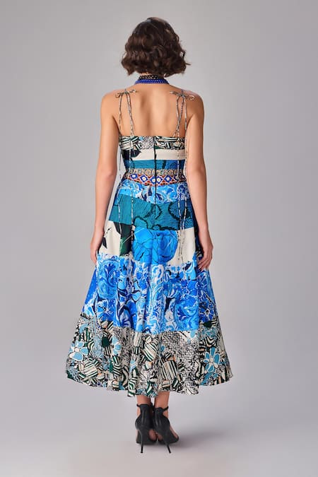 Shop Saaksha & Kinni Blue Cotton Square Neck Block Print Flared Midi Dress at Aza Fashions Shop_Saaksha & Kinni_Blue Cotton Square Neck Block Print Flared Midi Dress _at_Aza_Fashions