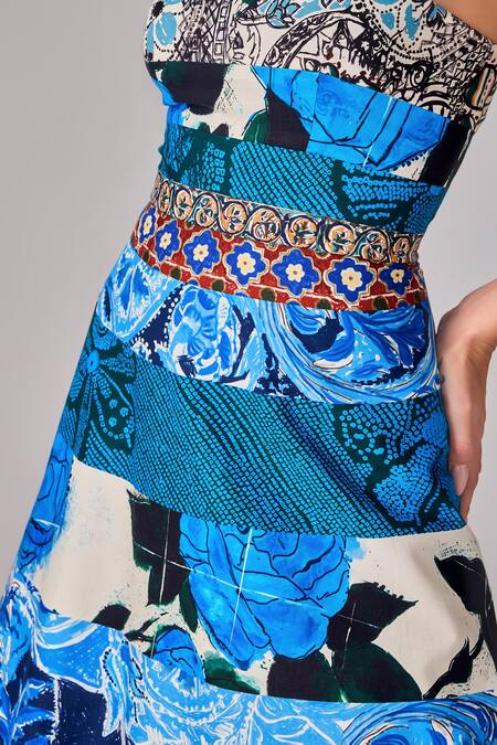Buy Saaksha & Kinni Blue Cotton Square Neck Block Print Flared Midi Dress Online at Aza Fashions Buy_Saaksha & Kinni_Blue Cotton Square Neck Block Print Flared Midi Dress _Online_at_Aza_Fashions