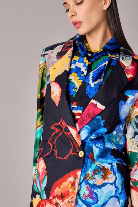 Saaksha & Kinni_Multi Color Cotton Floral Print Long Line Blazer _Online_at_Aza_Fashions